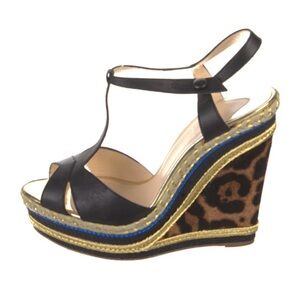 Christian Louboutin Trotolita 140 Calf/Pony Leopard Black Espadrille Wedge Sz 41